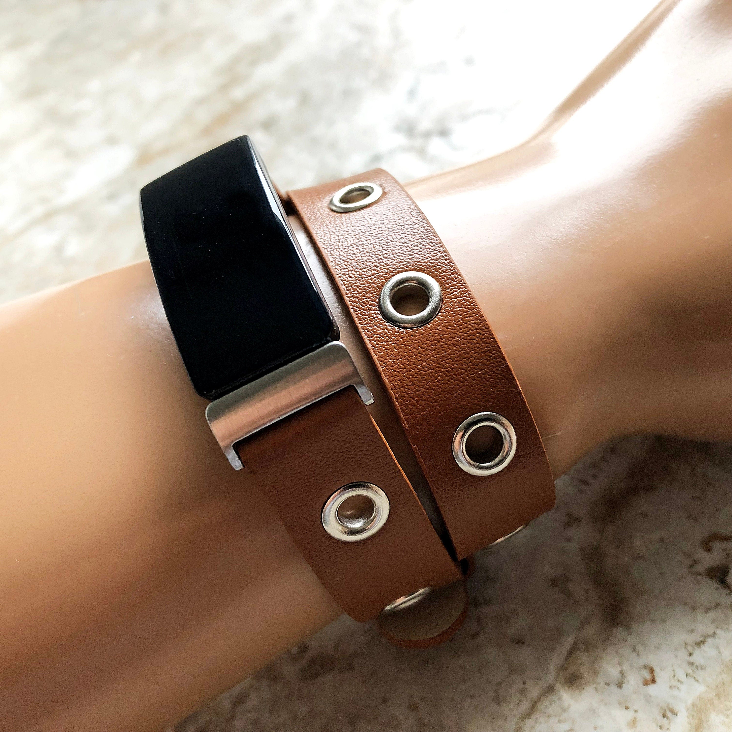 Fitbit Inspire 2 HR Brown Band for Fitness Tracker Soft Leather Strap Wristband Twice Double Wrap Bracelet in Silver Black Rose Gold Finish